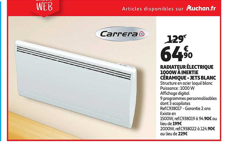 Offre Radiateur électrique 1000w à Inertie Céramique - Jets Blanc Carrera  chez Auchan