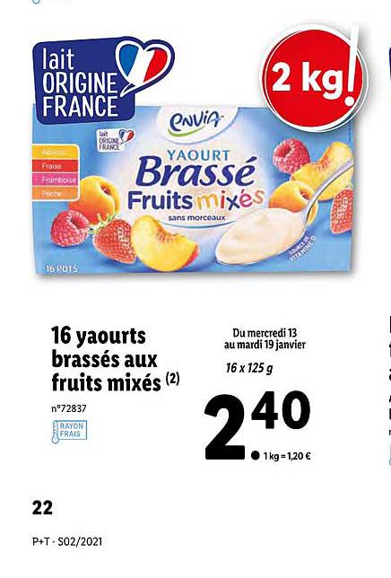 Yaourt brassé fruits mixes - ENVIA - 2 kg (16 x 125 g)