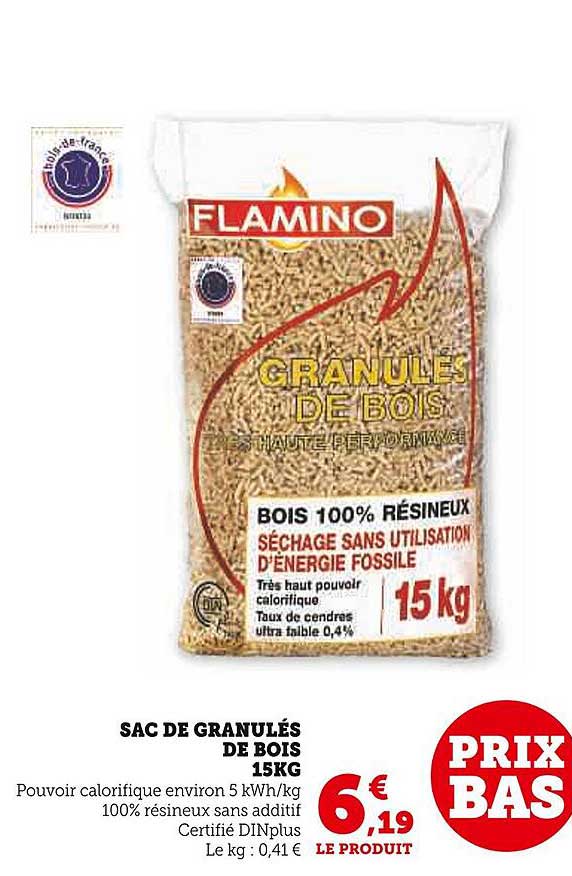 Promo Sac De Granulés De Bois 15 Kg Flamino chez Super U - iCatalogue.fr