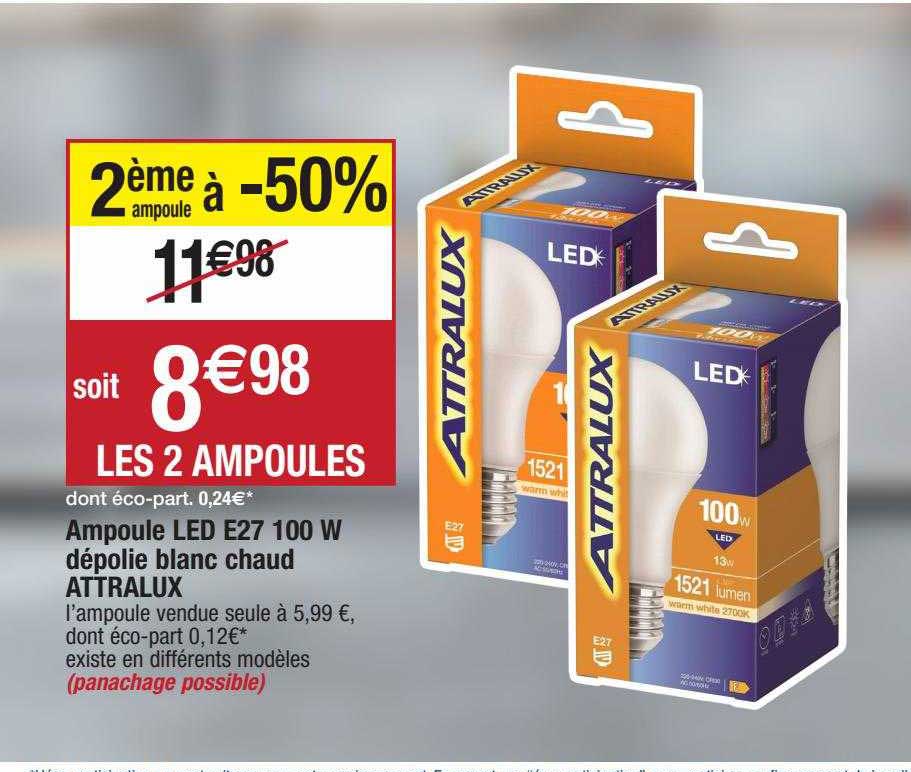 Promo Ampoule Led E27 100 W Dépolie Blanc Chaud Attralux chez Migros France iCatalogue.fr