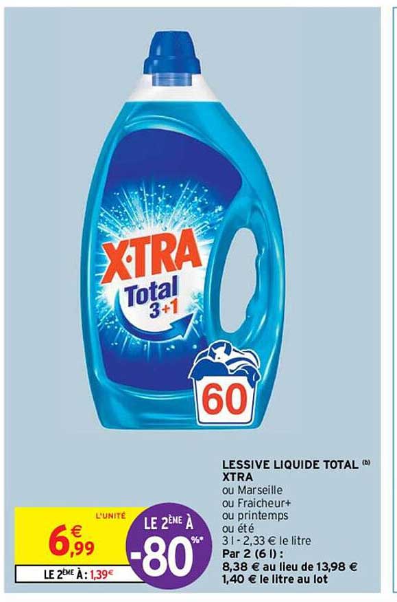 Promo Xtra Lessive Liquide Total -70% Sur Le 2ème chez Lidl 