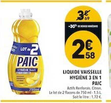 Liquide vaisselle hygiène 3en1 menthe PAIC : le lot de 2 flacons de 750mL à  Prix Carrefour