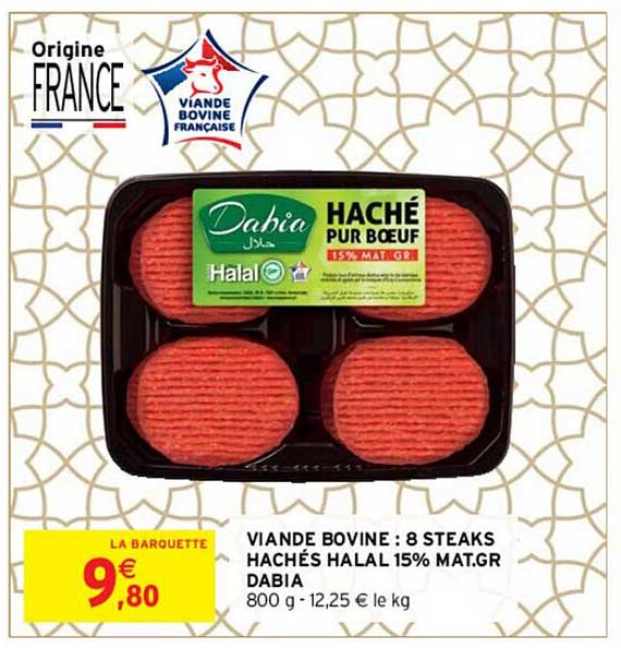 Intermarché Viande Bovine : 8 Steaks Hachés Halal 15% Mat.gr. Dabia