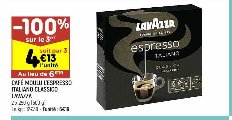Promo Lavazza café moulu espresso italiano classico chez Casino Hyperfrais