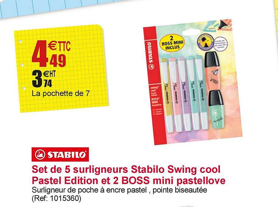 Offre Set De 5 Surligneurs Stabilo Swing Cool Pastel Edition Et 2 Boss Mini  Pastellove Stabilo chez Office Depot