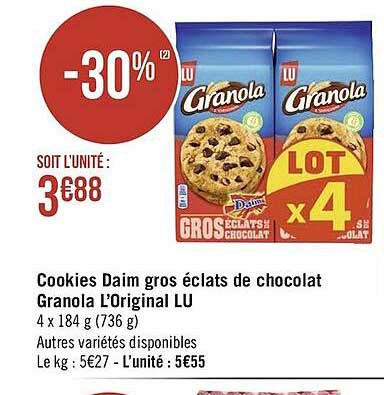 Promo Cookies Daim Gros éclats De Chocolat Granola L'original Lu chez ...