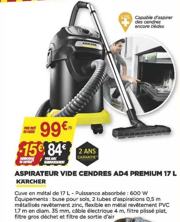 Aspirateur de cendres Karcher 4 Premium 600W en Promotion