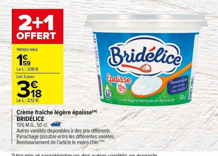 BRIDELICE Crème fraîche épaisse légère 15%MG 20cl pas cher 