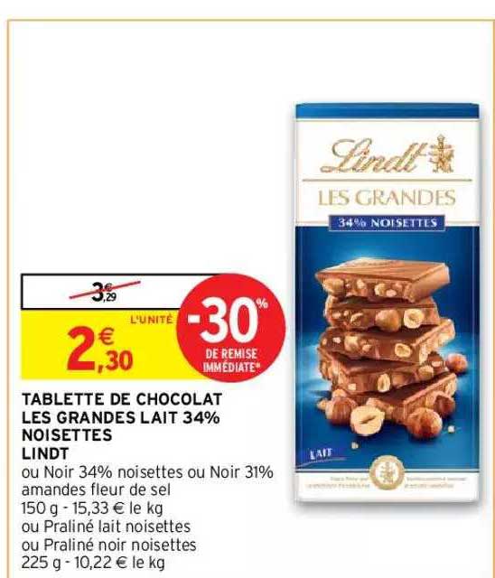Promo TABLETTE DE CHOCOLAT NOIR LINDT LES GRANDES chez E.Leclerc