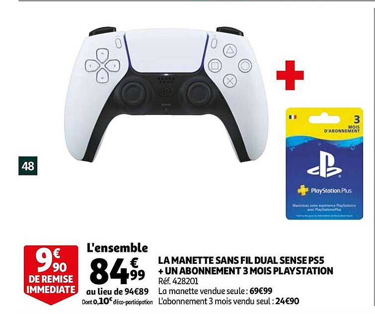 Offre La Manette Sans Fil Sense Ps5 + Un Abonnement 3 Mois Playstation chez Auchan