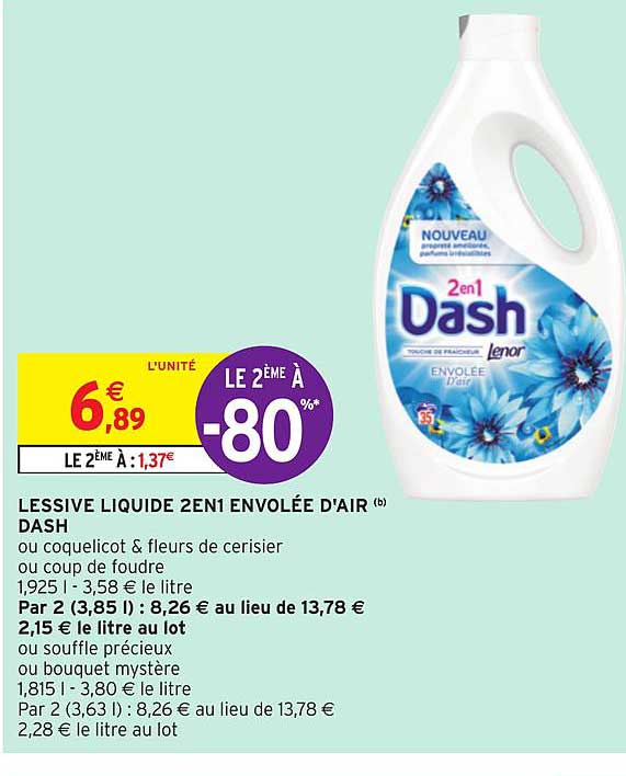 DASH Lessive liquide 2 en 1 peaux sensibles 52 lavages 2,6l pas