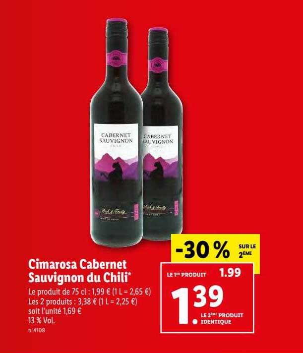Promo Cimarosa Cabernet Sauvignon Du Chili chez Lidl | Rotweine