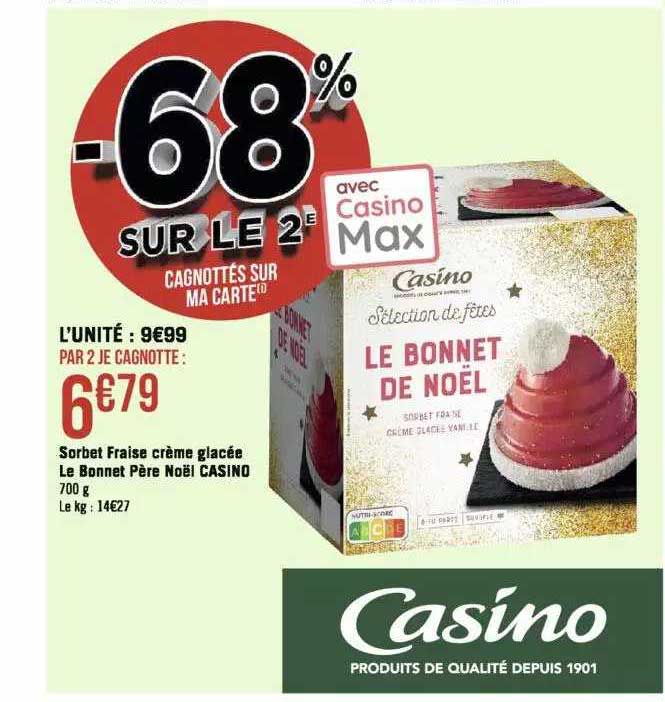 Offre Sorbet Fraise Crème Glacée Le Bonnet Père Noël Casino chez Geant