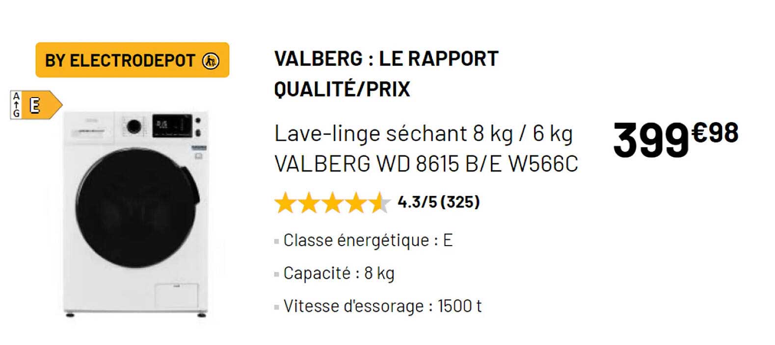 Lave-linge séchant 8 kg / 6 kg VALBERG WD 8615 B/E W566C - Electro Dépôt