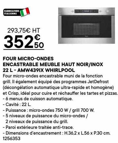 WHIRLPOOL AMW 490/IX - Micro-Ondes Encastrable 22L 750W Noir et Inox