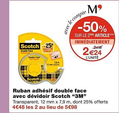 Ruban Adhésif Double Face Permanent 3M Scotch - Rouleau 8m X 19mm, Forte Adhérence