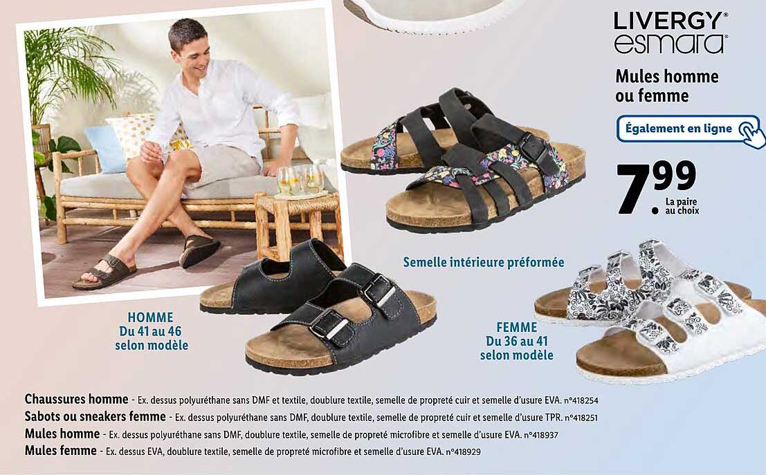 Promo Mules Homme Ou Femme Livery Esmara chez Lidl - iCatalogue.fr