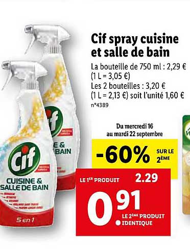 Promo Cif Spray Cuisine Et Salle De Bain -60% Sur Le 2ème chez Lidl 