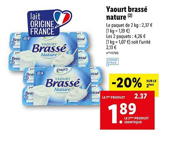 Offre Yaourt Brasse Nature Sur Le 2eme Chez Lidl