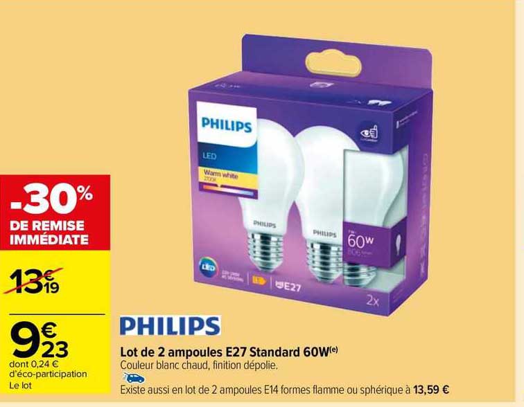 Promo Lot De 2 Ampoules E27 Standard 60w Philips Chez Carrefour Market