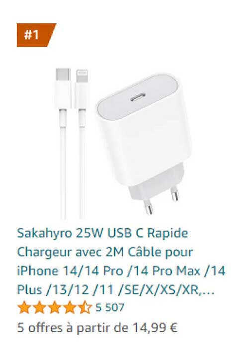 Sakahyro 25W USB C Rapide Chargeur avec 2M Câble pour iPhone 14/14