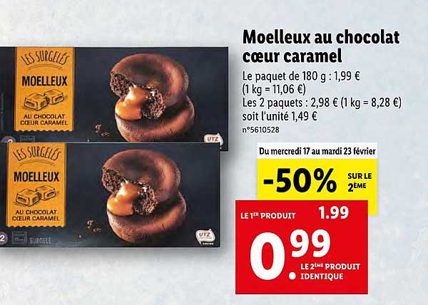 Offre Moelleux Au Chocolat Cœur Caramel Chez Lidl