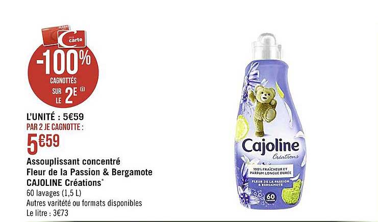 Assouplissant parfum passion et bergamote, Cajoline (1,5 L = 60 lavages)