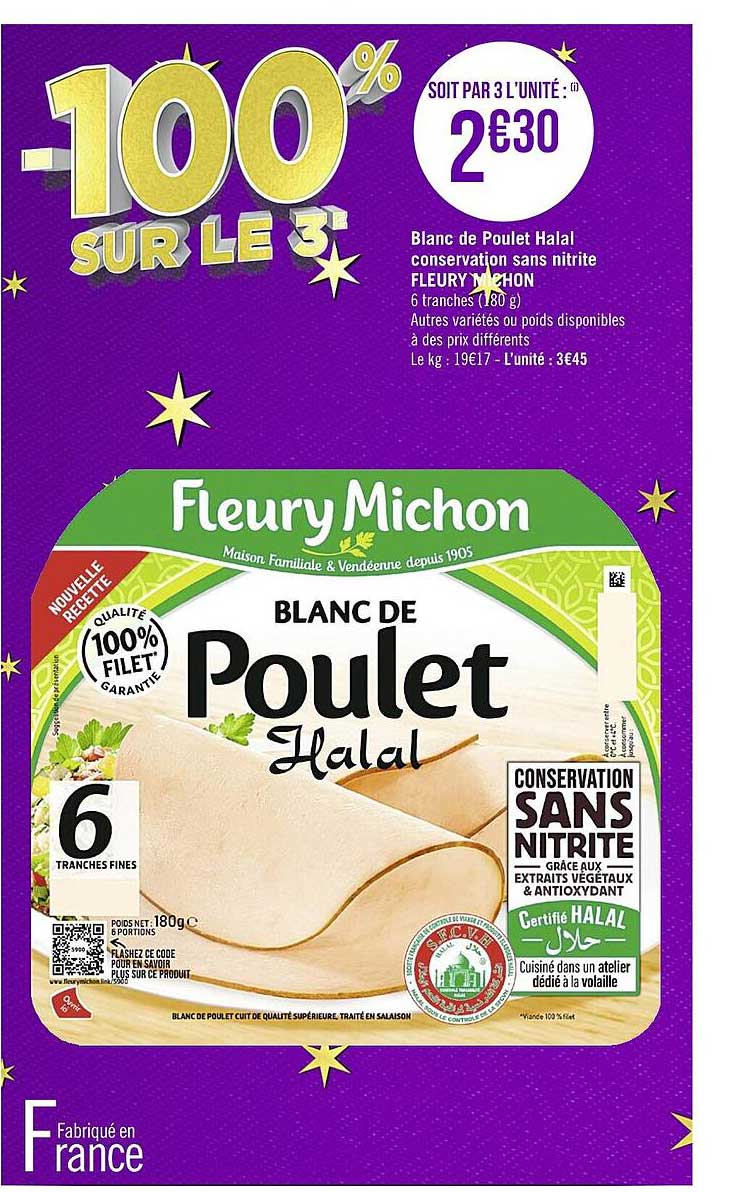 Casino Supermarchés Blanc De Poulet Halal Conservation Sans Nitrite Fleury Michon