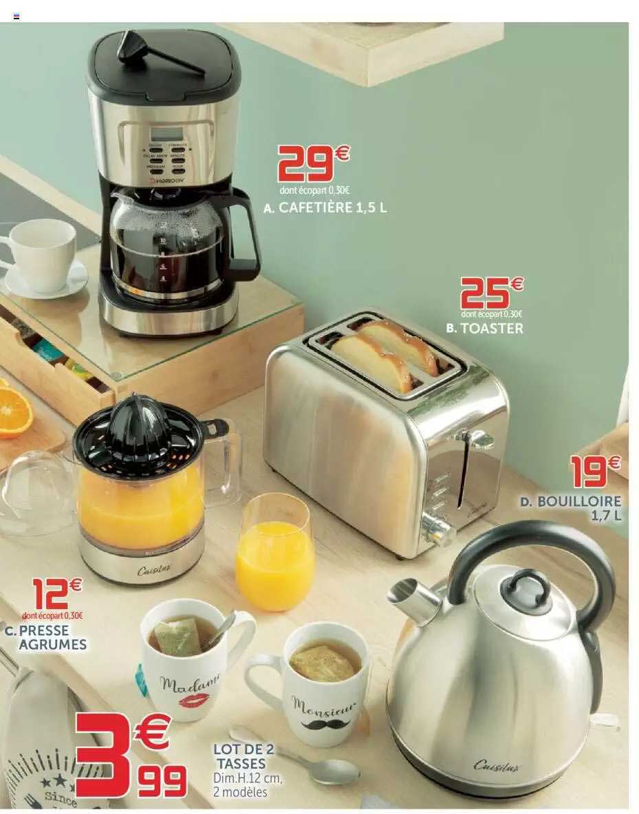 Promo Cafetière 1,5 L, Presse Agrumes, Lot De 2 Tasses, Toaster, Bouilloire  1.7 L chez GiFi 