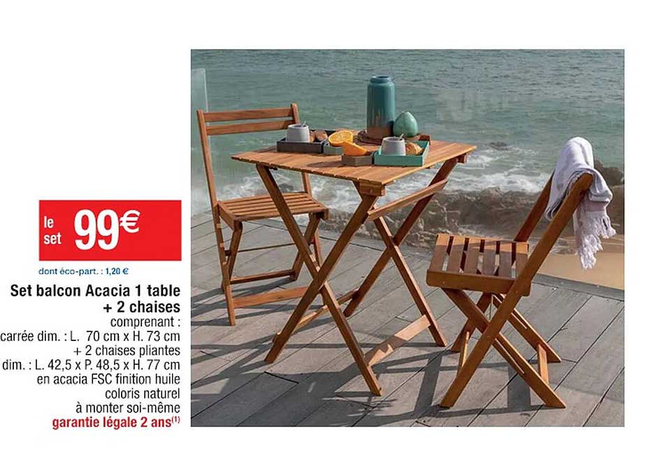 Ensemble de balcon en acacia 1 table + 4 chaises HYBA : l'ensemble à Prix  Carrefour