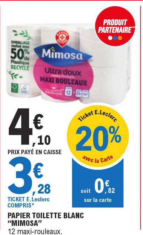 Leclerc : 96 rouleaux de papier toilette Mimosa à 12,64 €