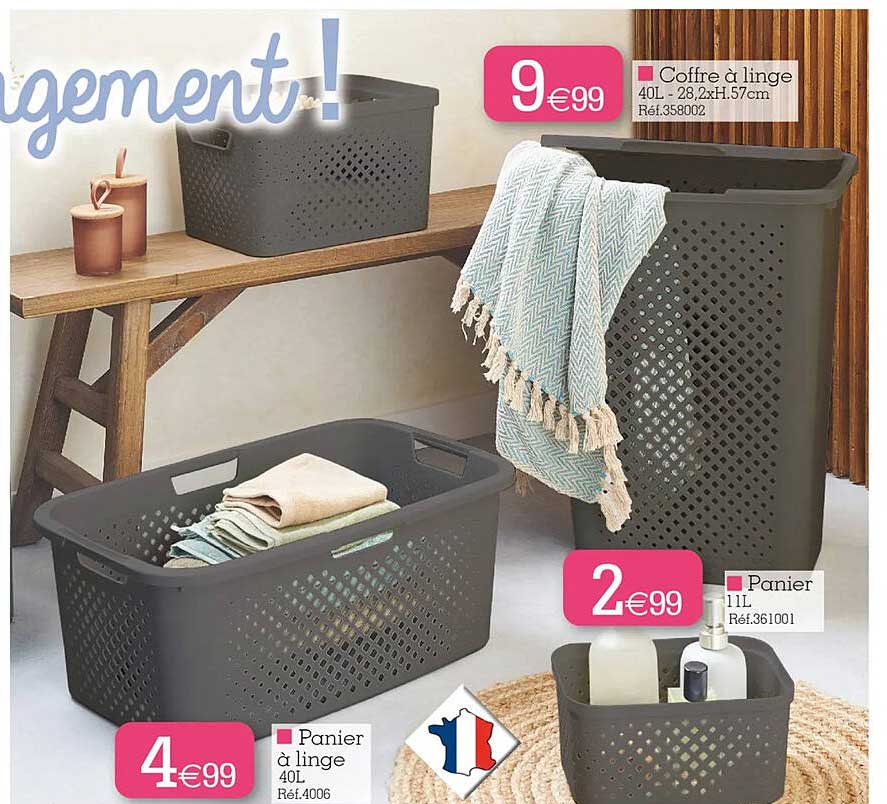 Coffre à linge x2 plastique 45L blanc et marron 44x26xH58cm
