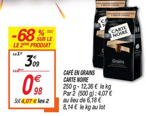 Promo Café En Grains Carte Noire -68% Sur Le 2ème Produit chez