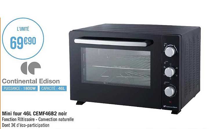 Mini-four électrique Continental Edison - Chaleur Tournante, 2300 W, 60 L | Dimensions L60 X H39 X P48 Cm, Couleur Noir