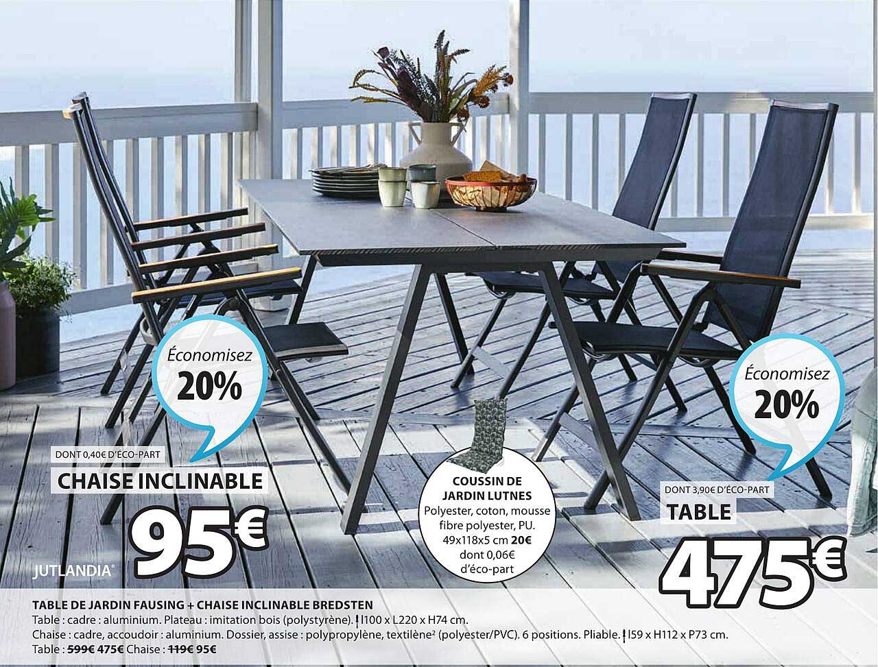 Promo Table De Jardin Fausing + Chaise Inclinable Bredsten Jutlandia