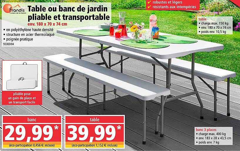 Norma Table Ou Banc De Jardin Pliable Et Transportable Frandis