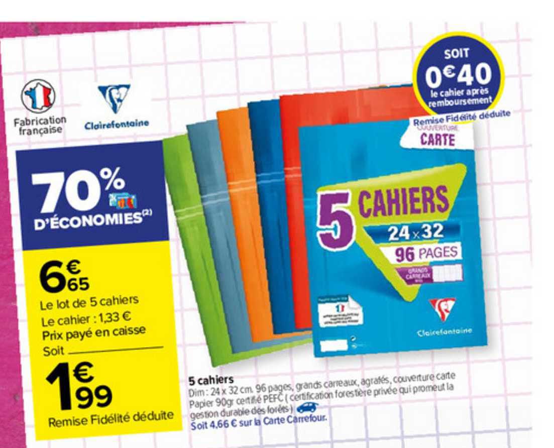 Promo Clairefontaine lot de 5 cahiers chez Carrefour Market