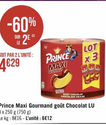 LU Prince Maxi Gourmand Goût Extra Chocolat 250g (lot de 6) 