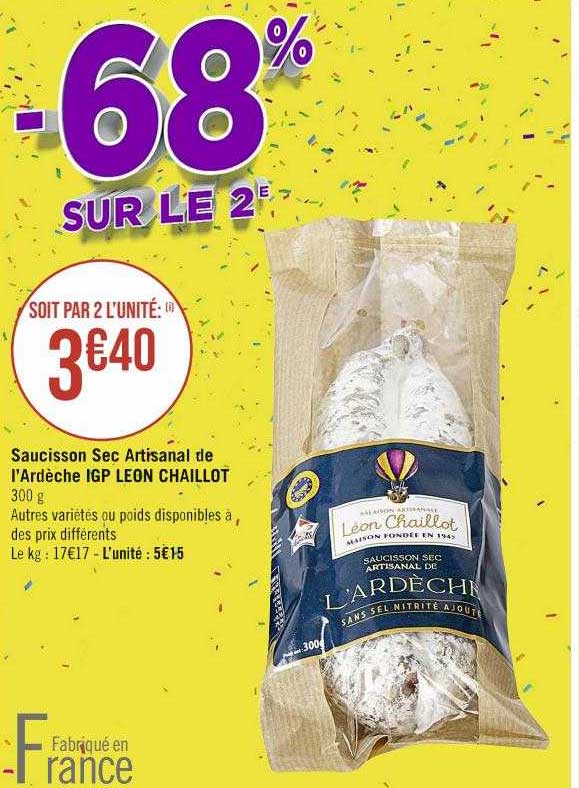 Promo Saucisson Sec Artisanal De L'ardèche Igp Léon Chaillot chez ...