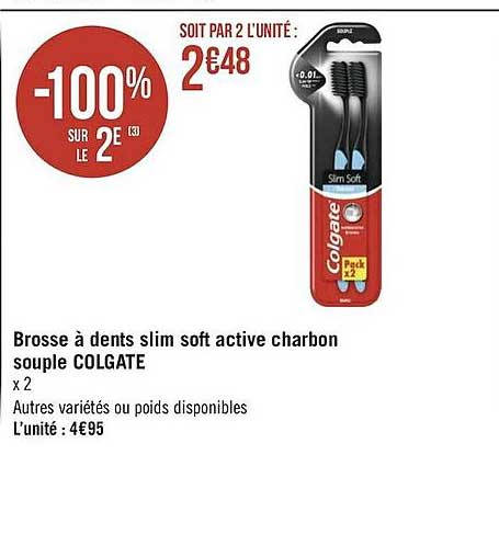 Brosse à Dents Colgate Slim Soft Au Charbon - Lot 2+2 Offert - Neuf