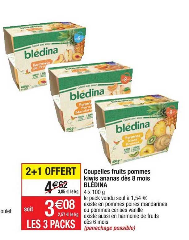 Promo Coupelles Fruits Pommes Kiwis Ananas Dès 8 Mois Blédina chez Cora