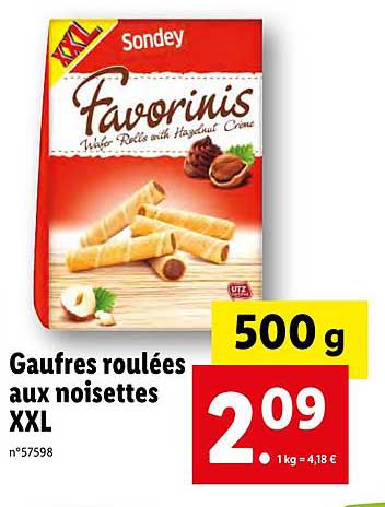 Offre Gaufres Roulees Aux Noisettes Xxl Favorinis Sondey Chez Lidl