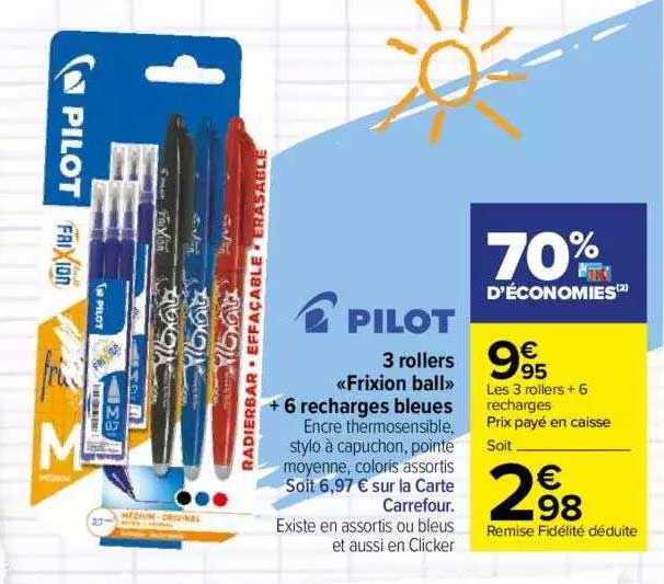 Stylo roller Frixion Clicker bleu + 3 recharges pointe moy PILOT : le stylo  + 3 recharges à Prix Carrefour
