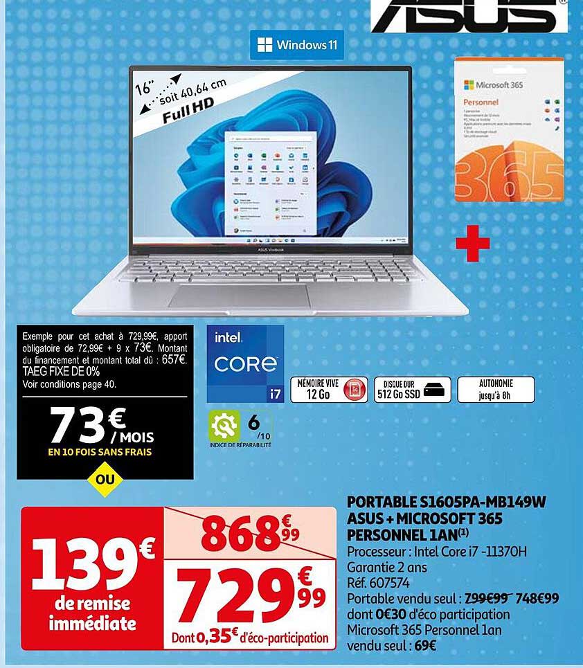 Promo Portable S1605pamb149w Asus + Microsoft 365 Personnel 1 An chez