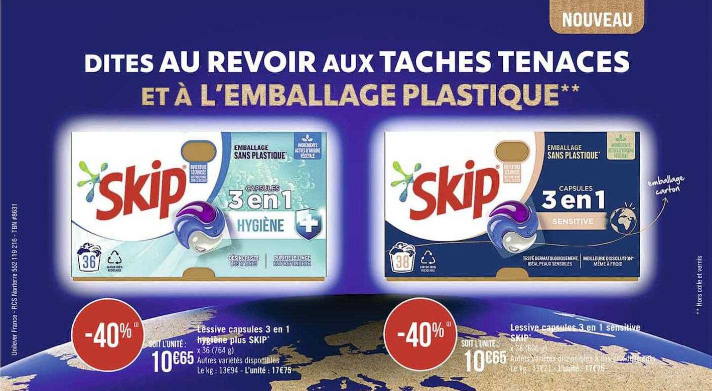 Promo Lessive capsule 3en1 hygiène skip chez Auchan