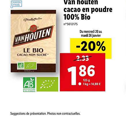 Chocolat en poudre VAN HOUTEN : la boite de 250g à Prix Carrefour