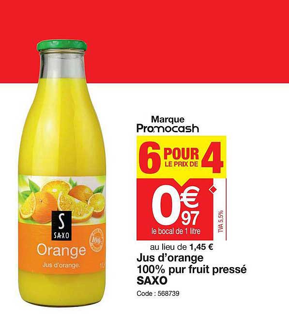 Offre Jus  D orange  100 Pur Fruit Press  Saxo  chez Promocash