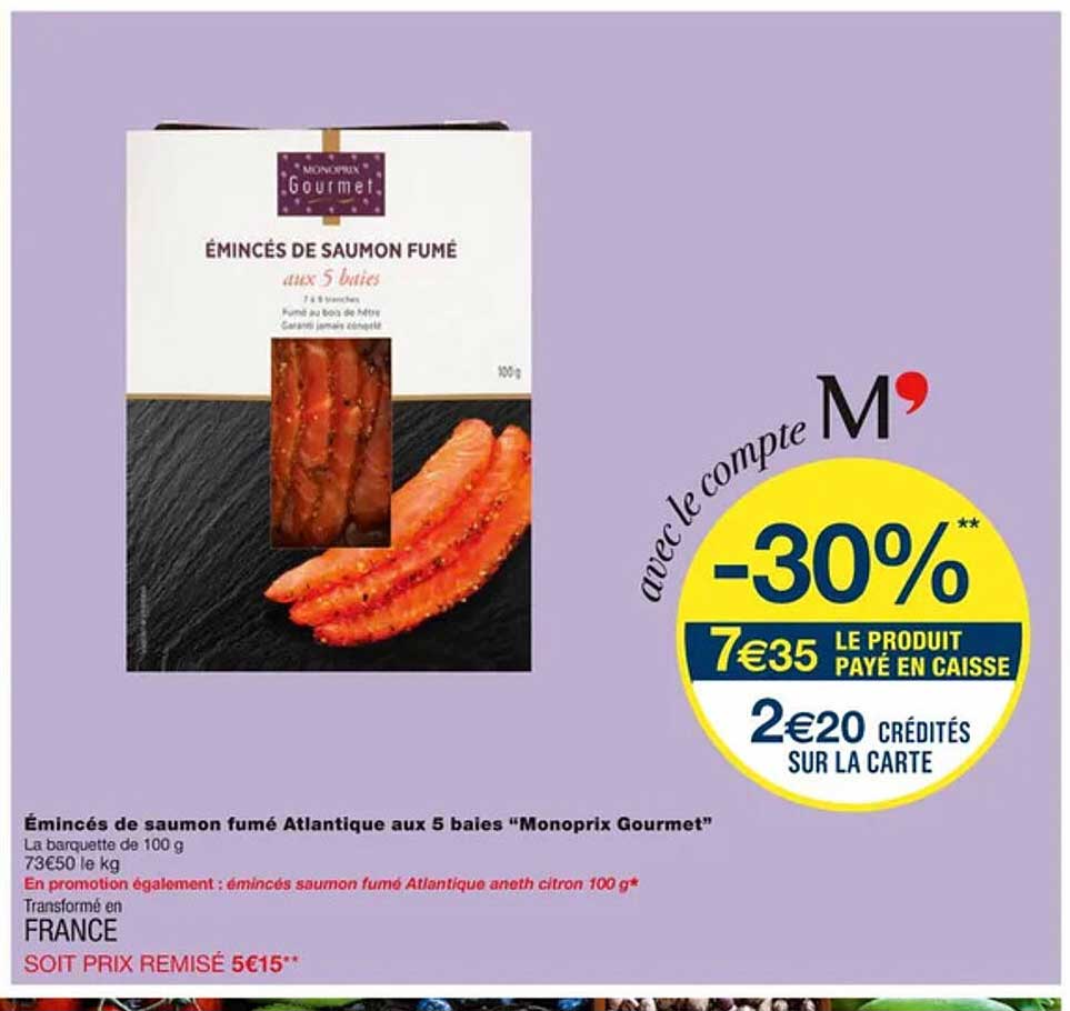 Promo émincés De Saumon Fumé Atlantique Aux 5 Baies "monoprix Gourmet ...