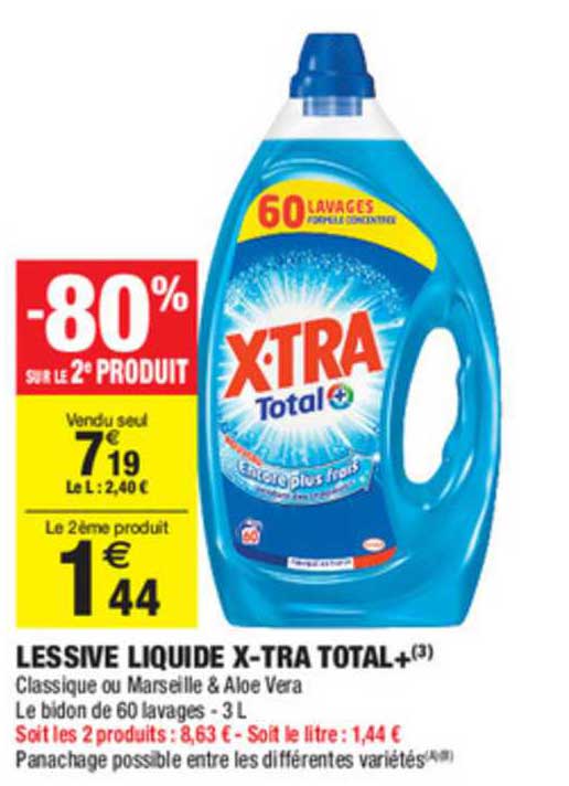 Promo Lessive Liquide Xtra Total+ -80% Sur Le 2e chez Carrefour Market 