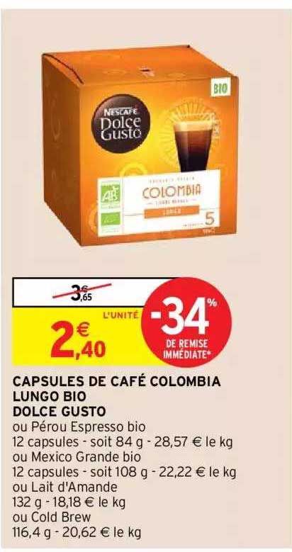 Offre Capsules De Café Colombia Lungo Bio Dolce Gusto chez Intermarche Hyper